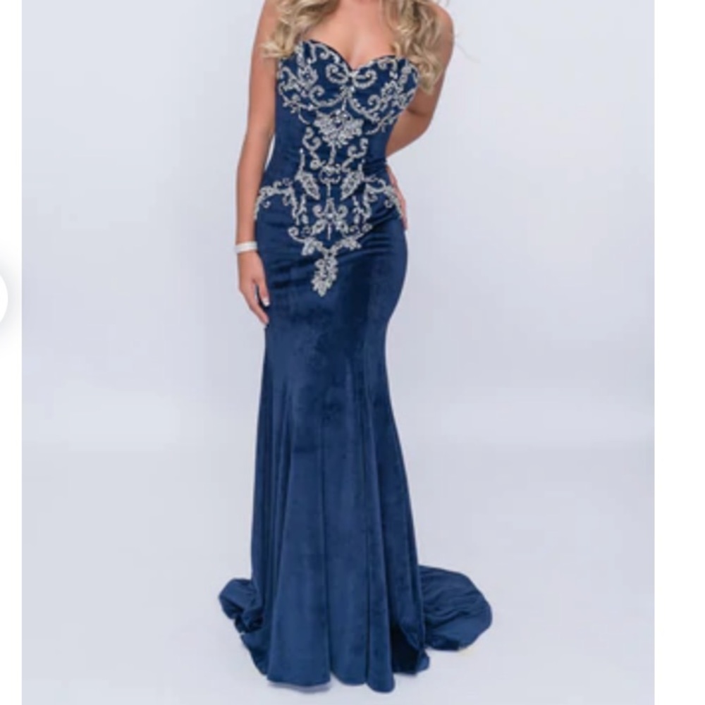 Nina Canacci Navy Blue Rhinestone Strapless Prom Dress